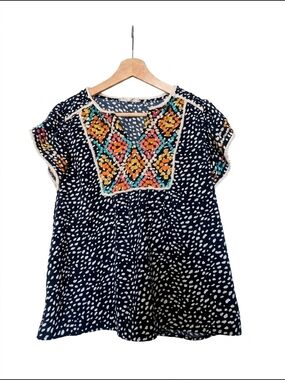 THML Navy White Printed Embroidered Boho Top Medium